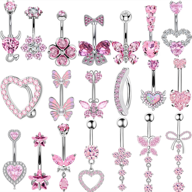 Belly Bar Titanium - Anéis de umbigo com coroa rosa,